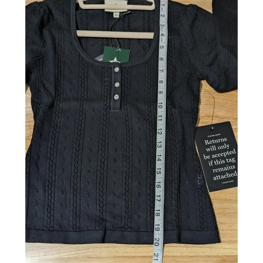 Tuckernuck Sweater Womens XS Black Open Knit Scoop Henley Puff Sleeve Top NWT